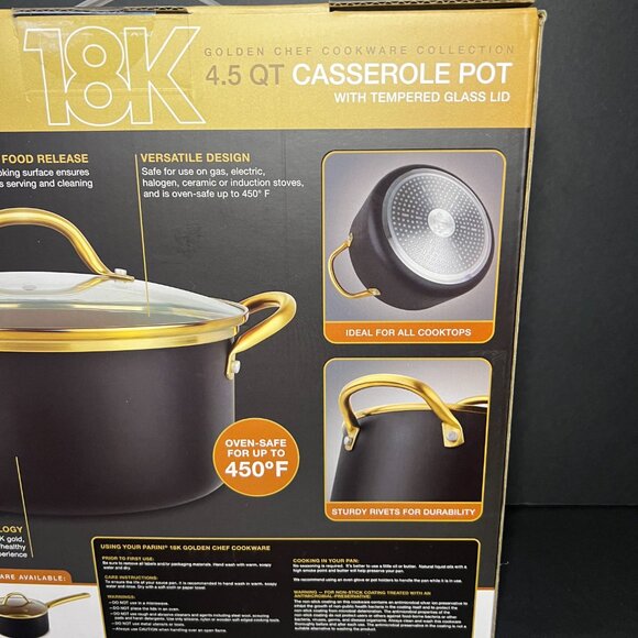 NIB Parini 4.5Qt 18K Infused Gold Coated Casserole Pot w/ Tempered Glass Lid - Picture 6 of 7